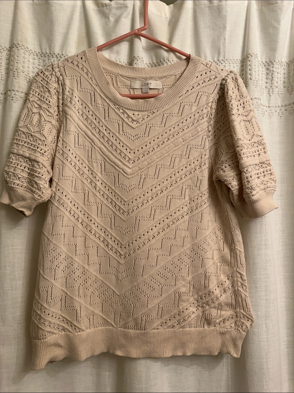 LOFT Light Beige Eyelet Knit Short Sleeve Sweater